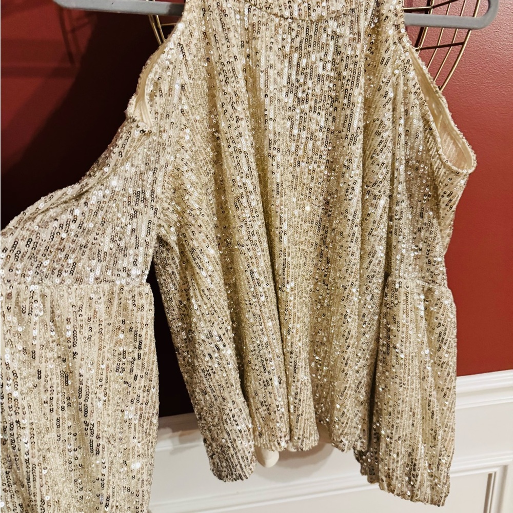 CeCe Gold Sequin Cold Shoulder Blouse